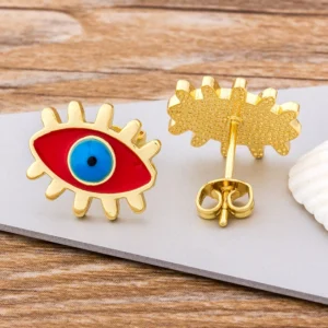 Gold-tone rainbow CZ Evil Eye stud earrings, Alkimia Charms jewelry